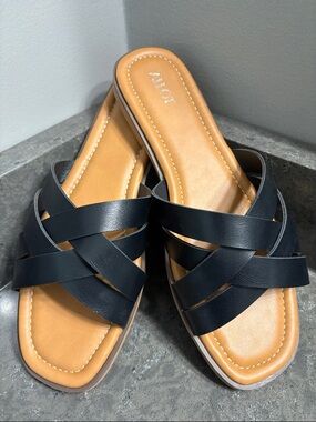 Allot  Black Leather Crisscross Slide Sandals with Tan Footbed